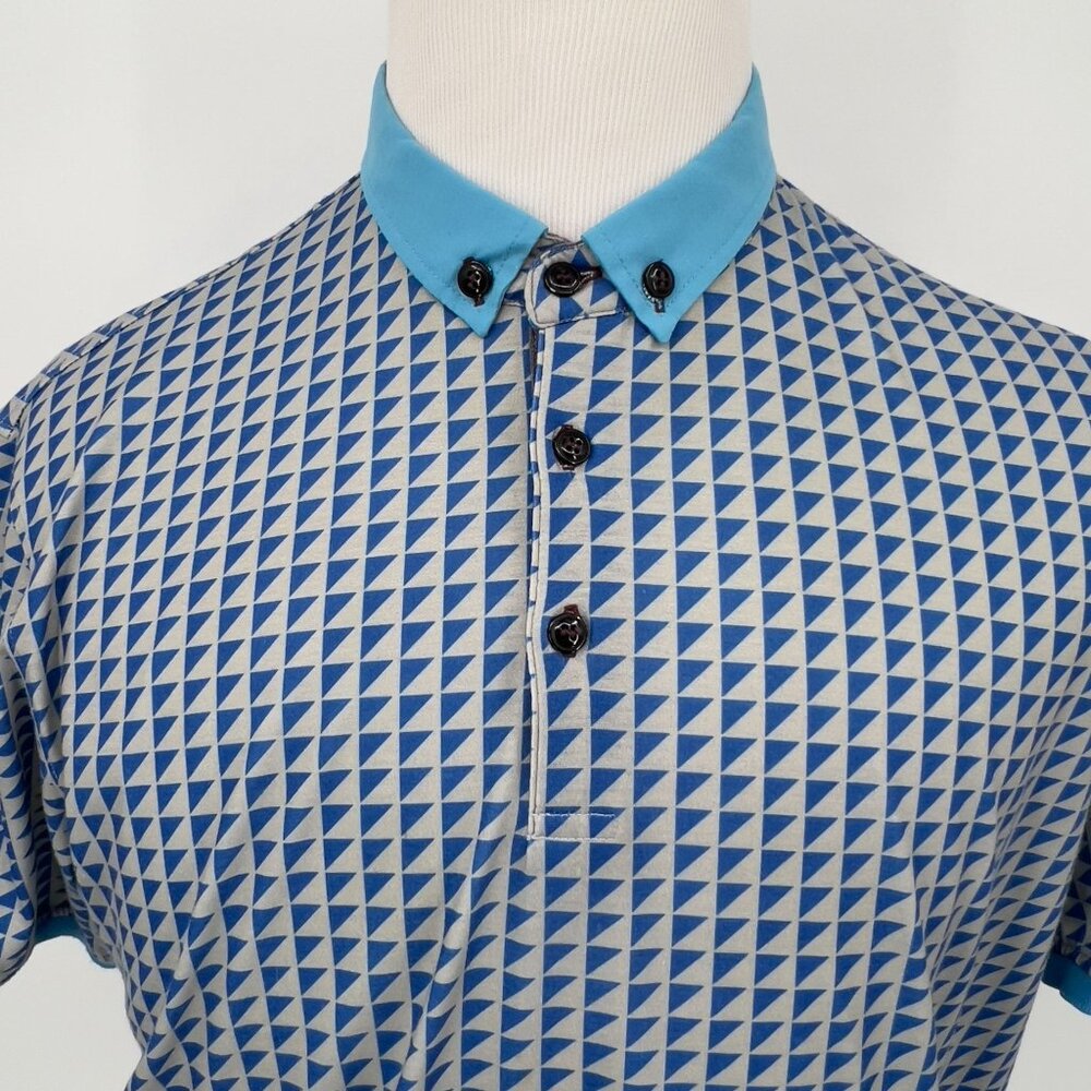 Blanc Pour Homme Men's Blue Geometric Polo Shirt Organic Cotton Size L Large